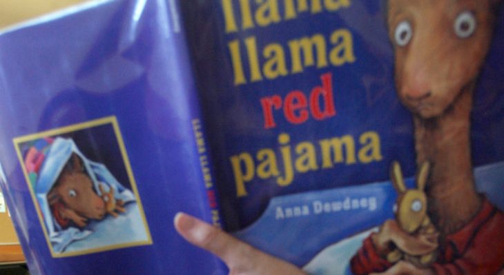 nolibrary_072_mac.jpg Kids front to back- Colin Lee, Nick Needham, Harlie Latham, Wyatt Latham and Hannah Joseph far right. Branch Supervisor Lori Hettman, reads" llama llama red pajama" book to the children. Jackson county in southern Oregon, just acro