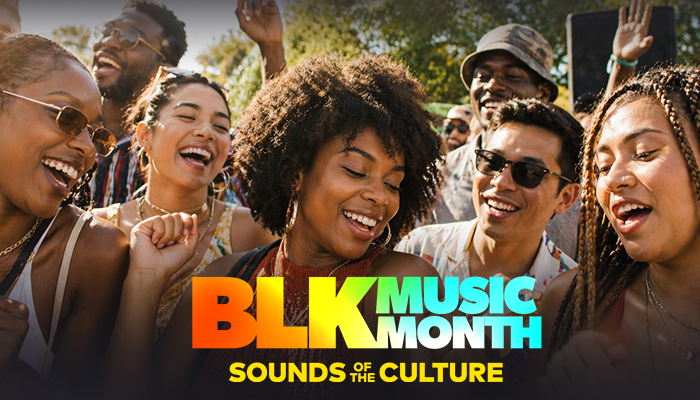 A group of diverse people celebrating and enjoying Black Music Month, with the text "BLK MUSIC MONTH Sounds of the Culture" prominently displayed.