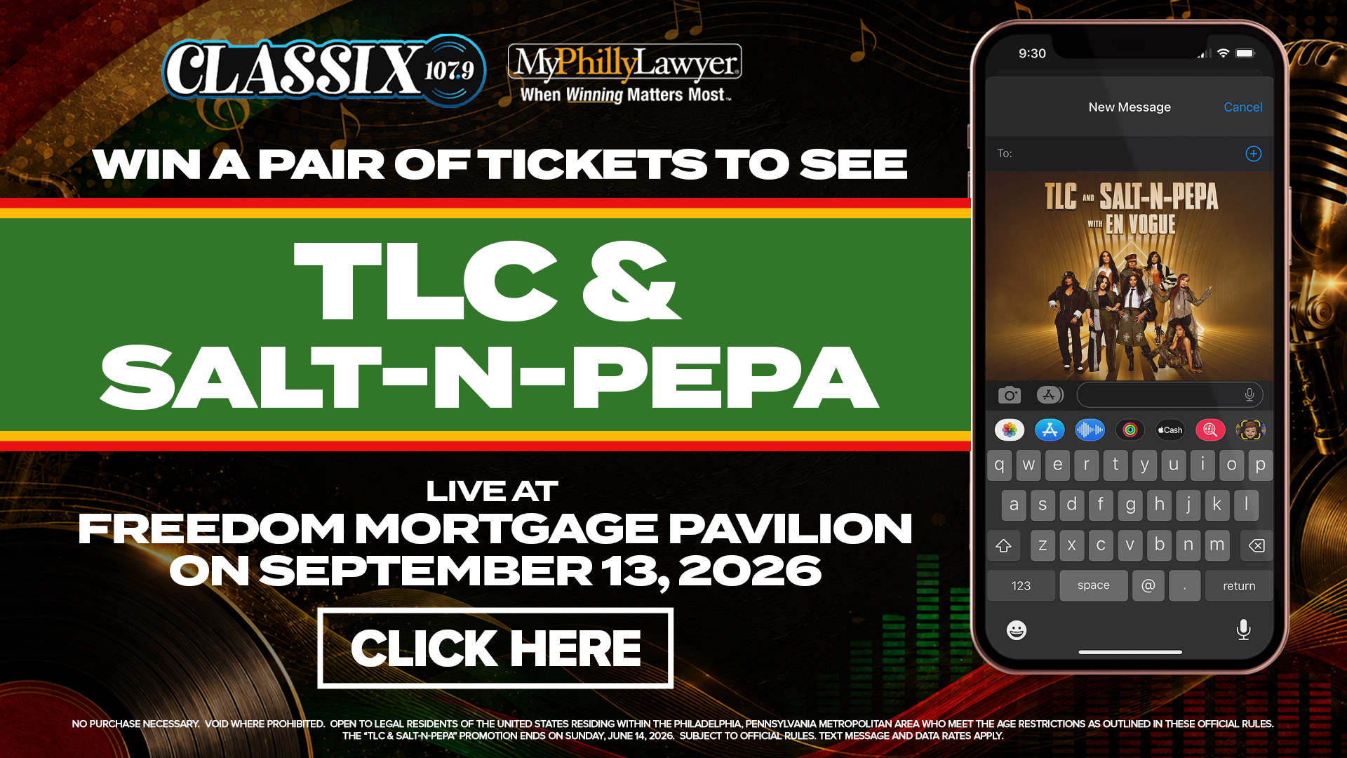 Promotional image for a concert by the musical group TLC & Salt-N-Pepa, taking place at the Freedom Mortgage Pavilion on September 13, 2026. The image includes the Classix 107.9 radio station logo and the "My Philly Lawyer" tagline.