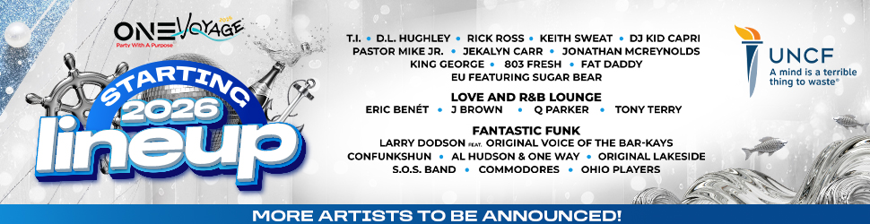 One Voyage music festival poster featuring lineup of musical artists starting in 2026, including T.I., D.L. Hughley, Rick Ross, Keith Sweat, and DJ Kid Capri.