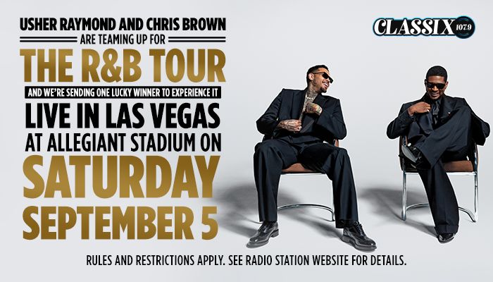 Usher Raymond and Chris Brown seated in chairs, promoting "The R&B Tour" live in Las Vegas at Allegiant Stadium on September 5.