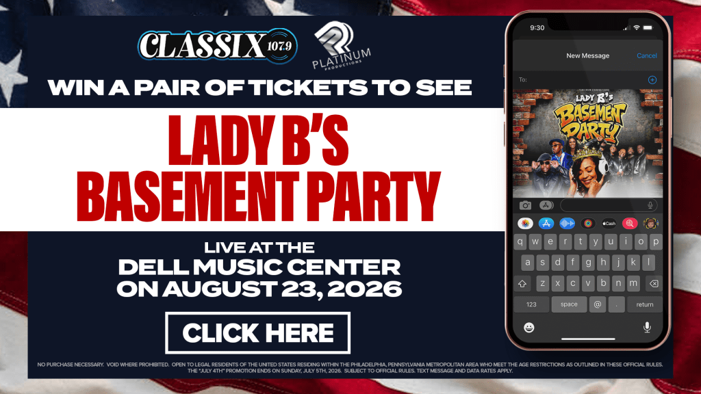 CLASSIX 107.9 radio station promotion for "Lady B's Basement Party" live event at the Dell Music Center on August 23, 2026.