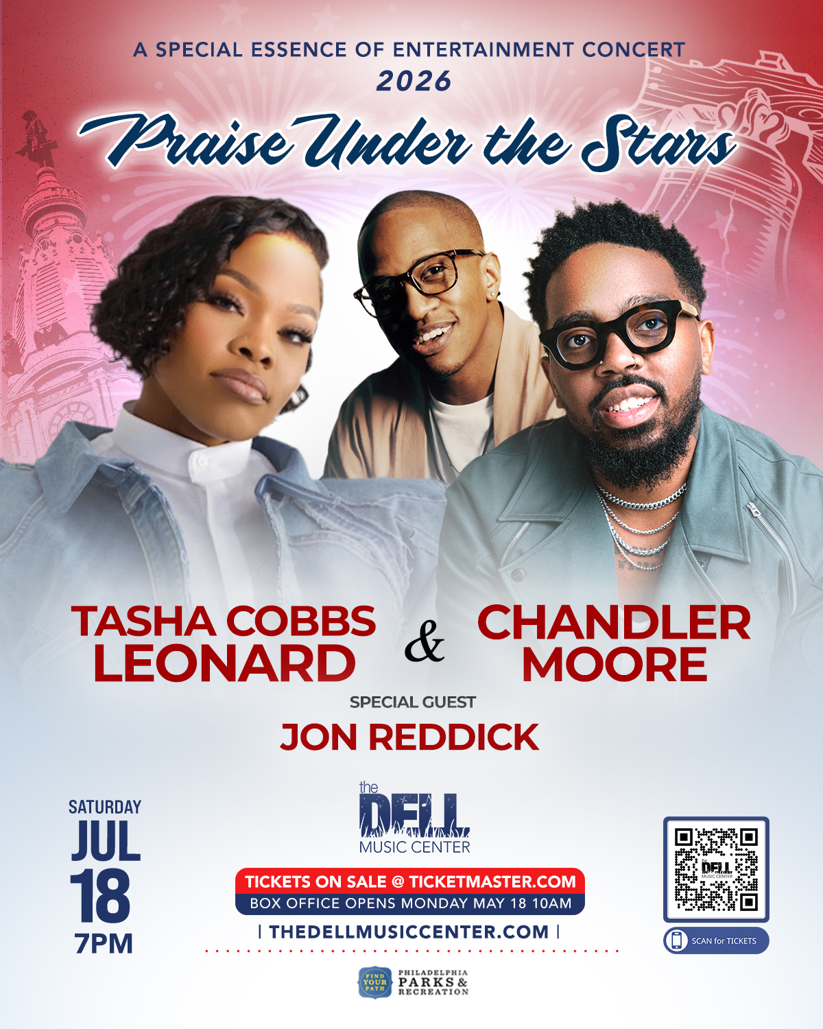 A concert poster featuring Tasha Cobbs Leonard, Chandler Moore, and Jon Reddick performing at the Dell Music Center on July 18, 2026 under the theme "Praise Under the Stars".