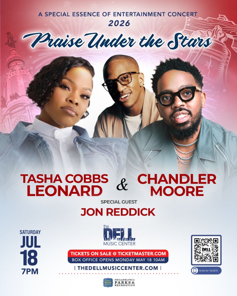 A concert poster featuring Tasha Cobbs Leonard, Chandler Moore, and Jon Reddick performing at the Dell Music Center on July 18, 2026 under the theme "Praise Under the Stars".