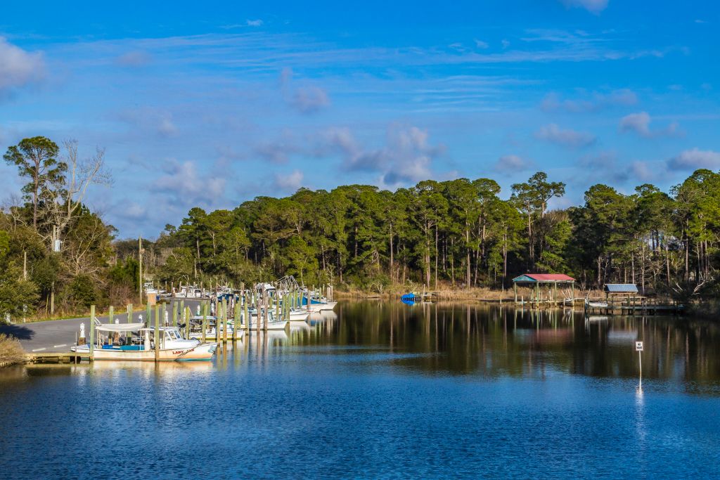 Private and commercial fishing boats at the Ocean Springs Inner Harbor on the Mississippi Gulf Coast at Ocean Springs, Mississippi