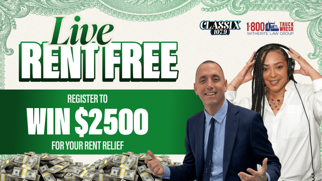 Live Rentfree promotion banner featuring two people and text offering $2500 rent relief prize.