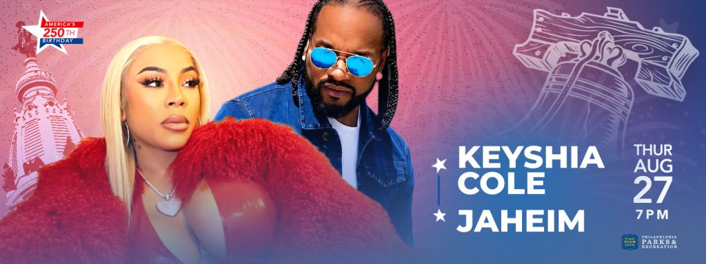 Two people posing for a concert poster: a woman with blonde hair wearing a red fur coat, and a man with braids wearing sunglasses and a denim jacket. Text reads "KEYSHIA COLE JAHEIM THUR AUG 27 7PM".