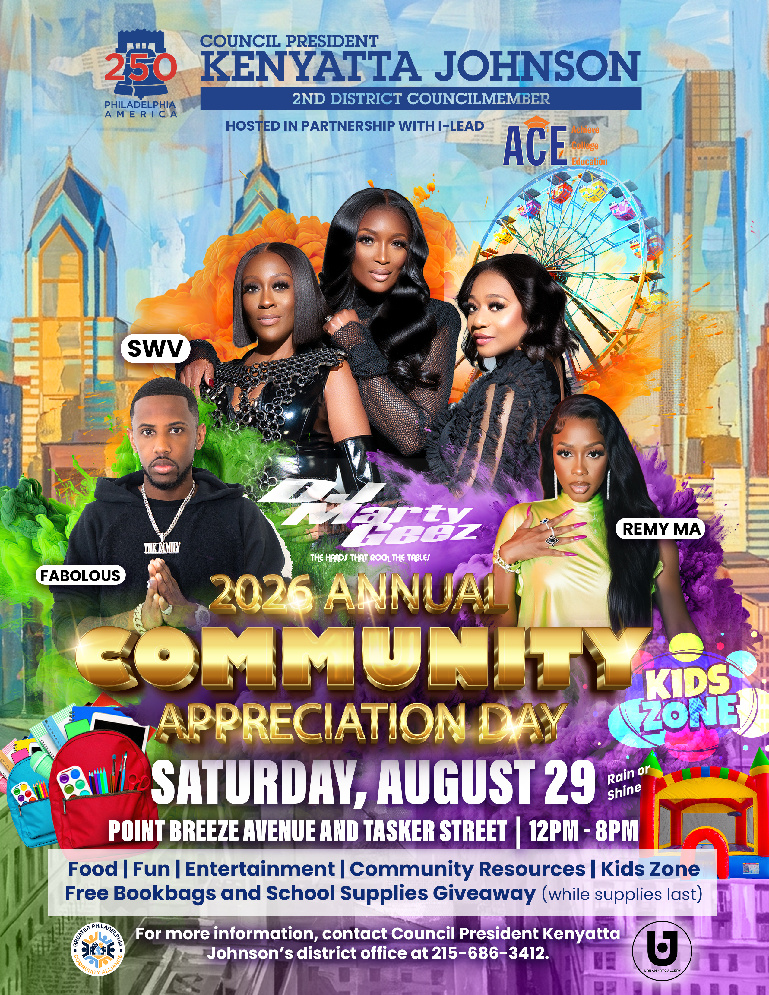 A colorful event poster featuring several people, including Council President Kenyatta Johnson, promoting a community appreciation day with food, entertainment, and free school supplies.