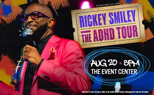 A man in a pink suit holding a microphone on stage, with the text "RICKEY SMILEY THE ADHD TOUR" and event details displayed.