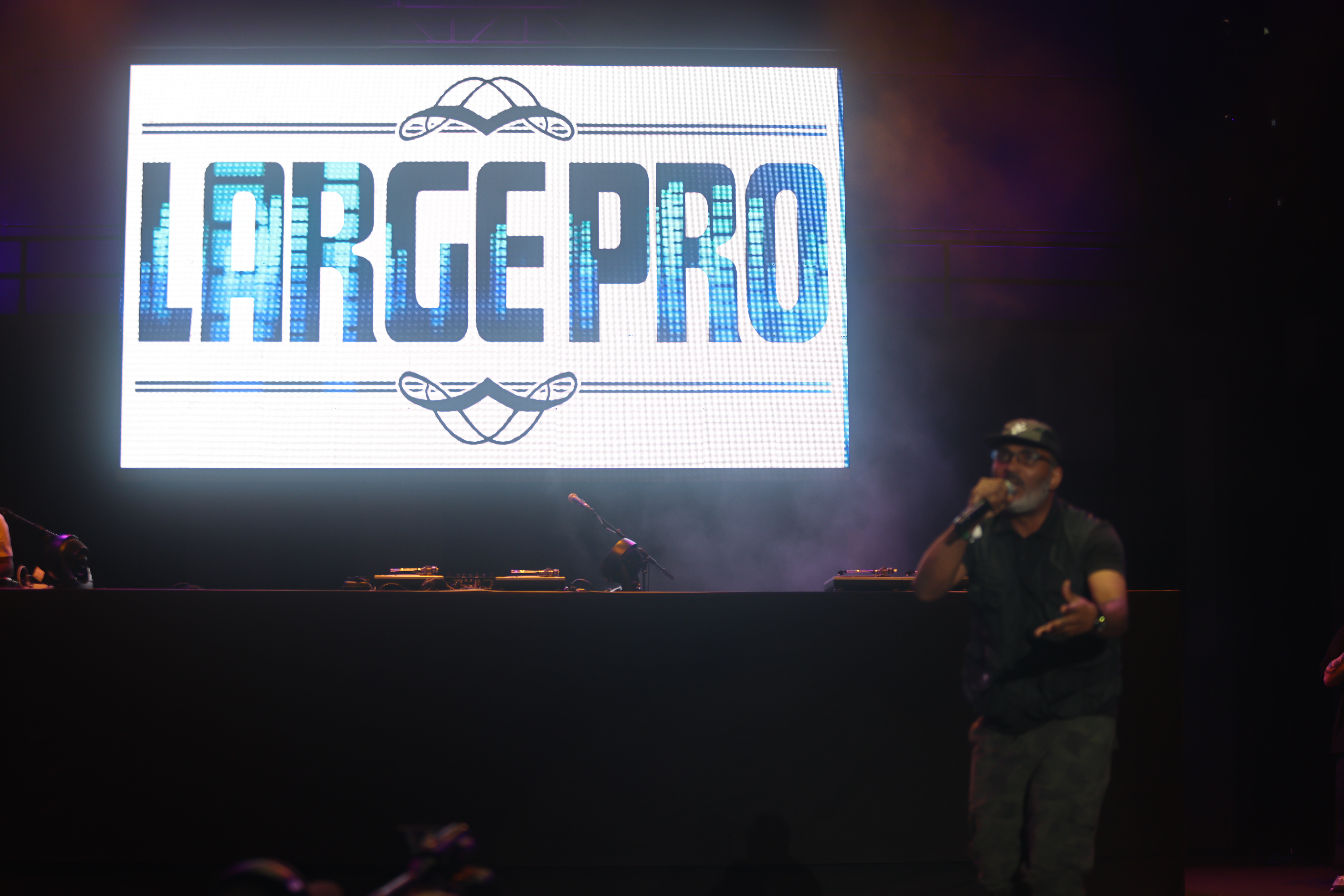 Large projection screen displaying the text "LARGE PRO" in a stylized font, with a performer on stage in the foreground.